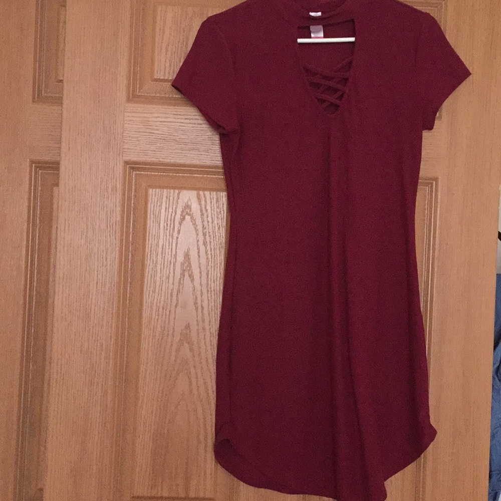 A burgundy midi dress.